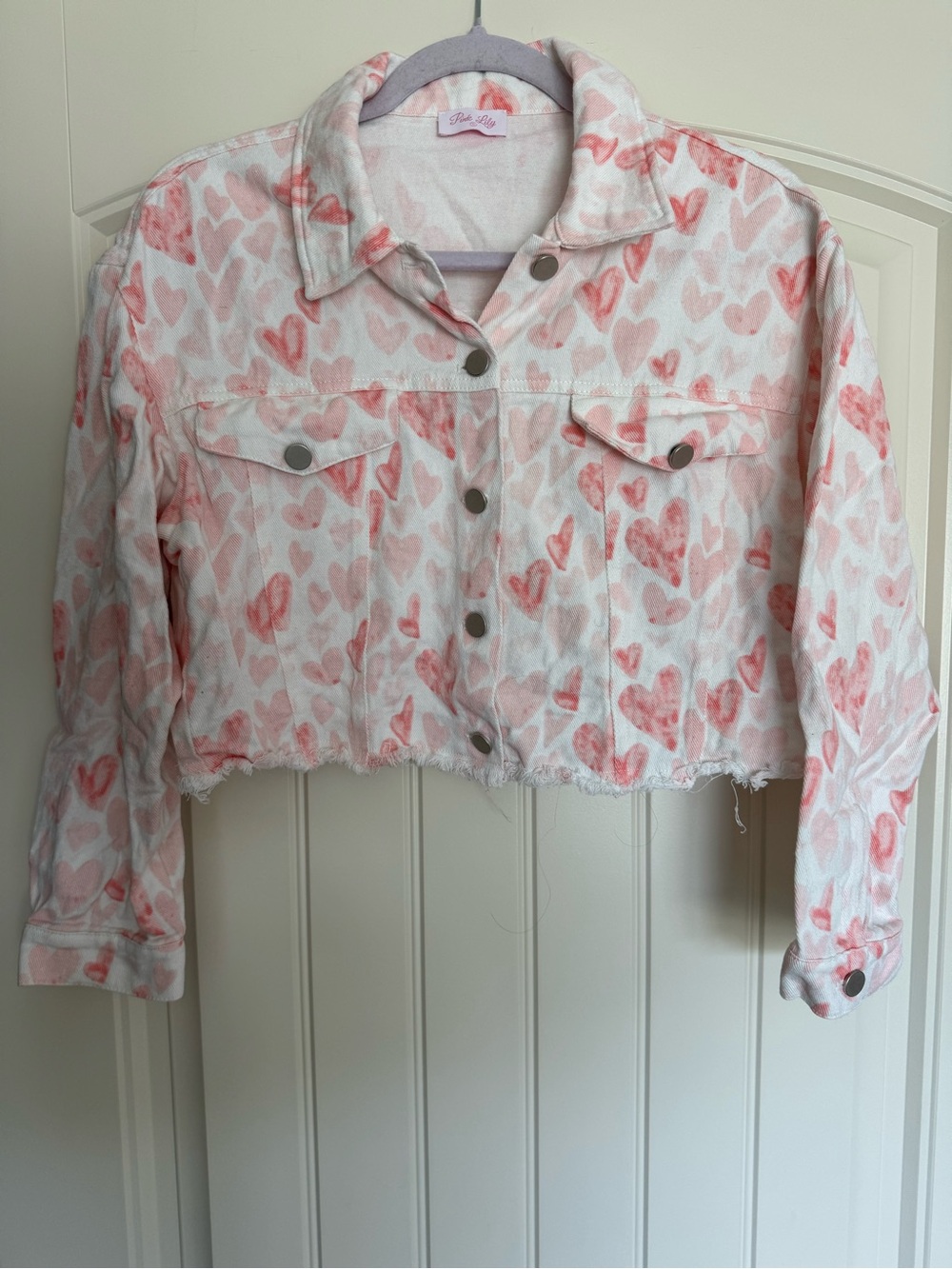Pink Lily White Denim Jacket with Pink Heart Print